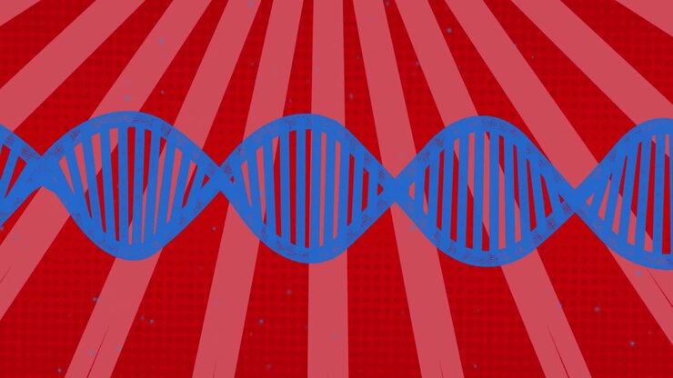 Animazione di filamento di DNA blu su sfondo radiale rosso e rosa