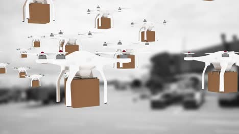 animation of drones carrying parcels flying over out of focus warehouses