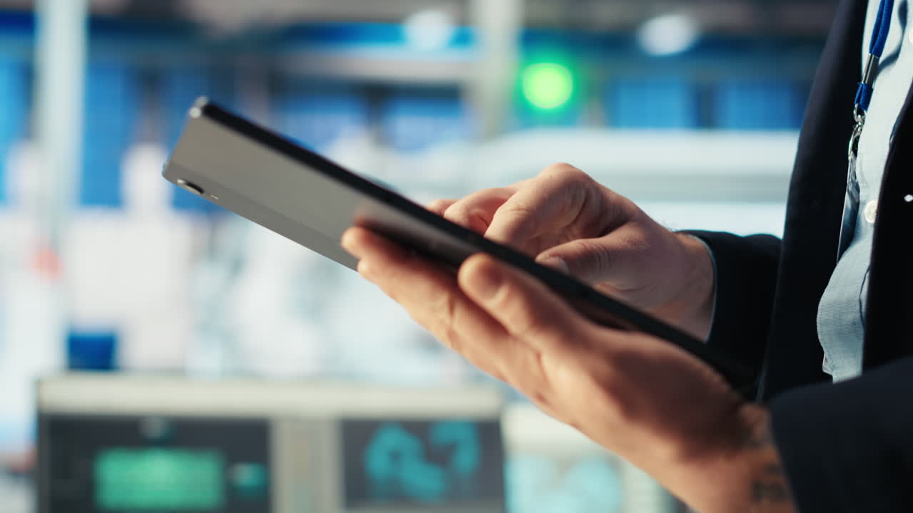 un trabajador de una fábrica fotovoltaica utiliza un software de seguimiento en una tableta para diagnosticar el sistema