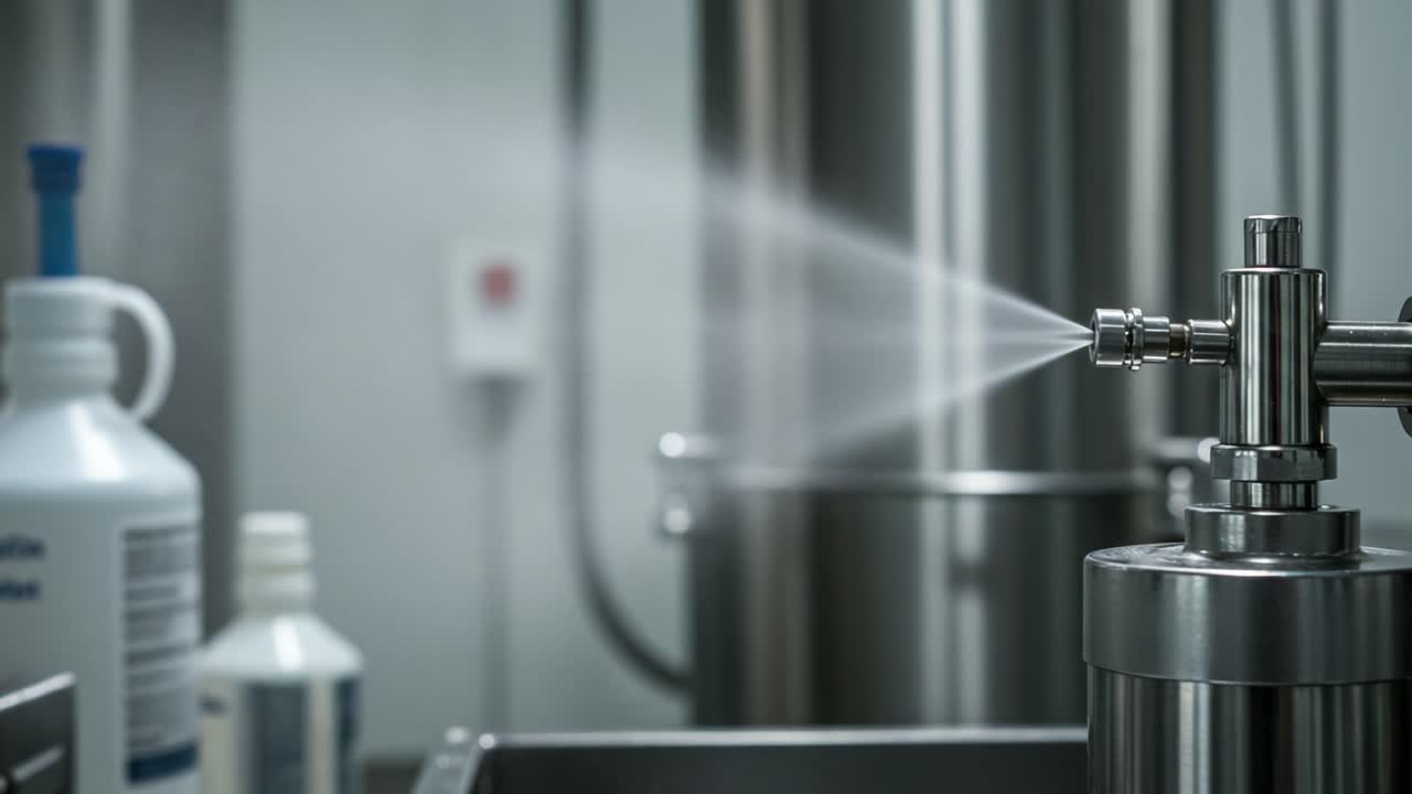 A Close-Up Look at Industrial Equipment Releasing Fine Mist in a Controlled Environment, Highlighting Precision and Innovation in Liquid Dispensing Technology