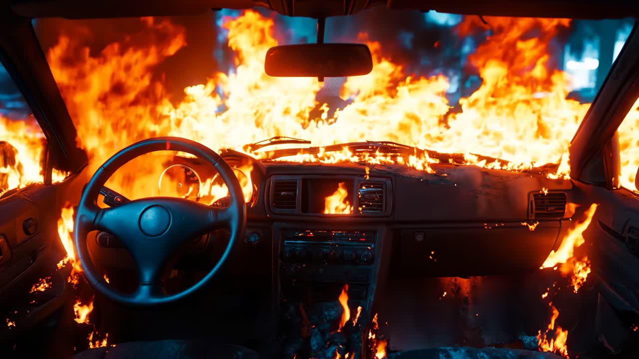 un coche está envuelto en llamas en medio de la noche