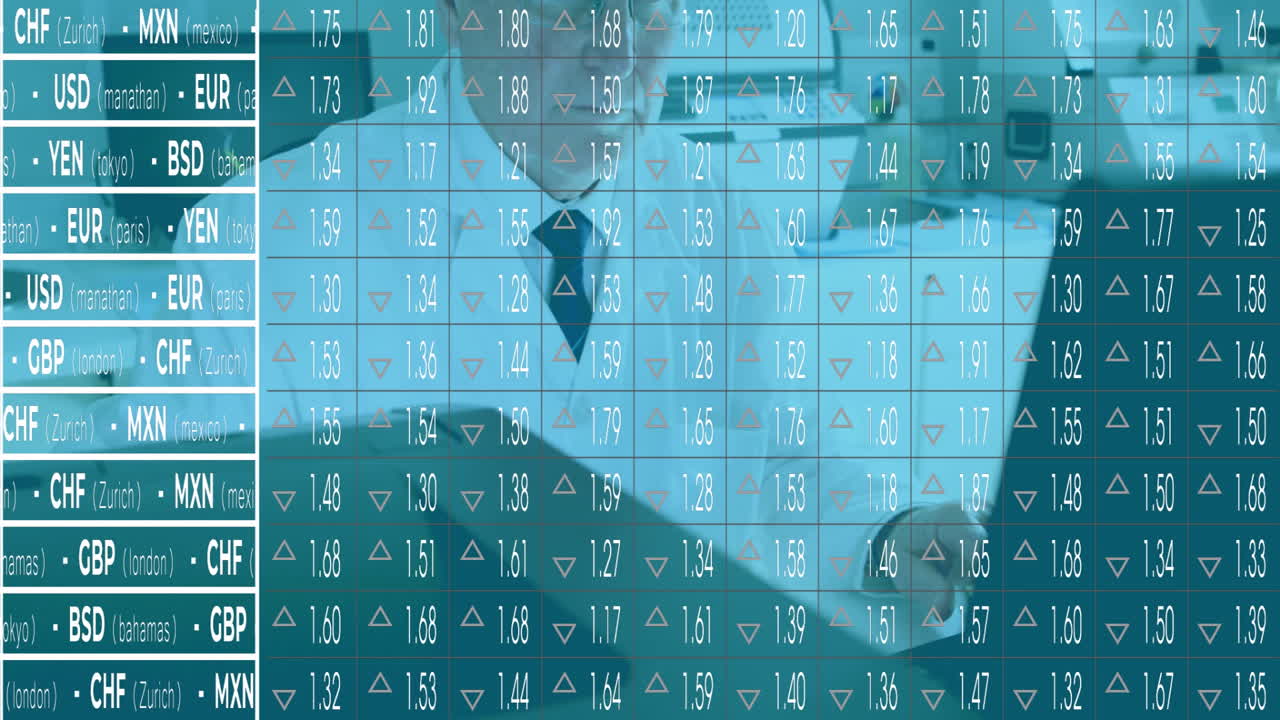 Exchange rates animation overlaying business meeting in office with professionals