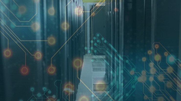 On startup circuitry overlay drifting and pulsing across server corridor to simulate data flow