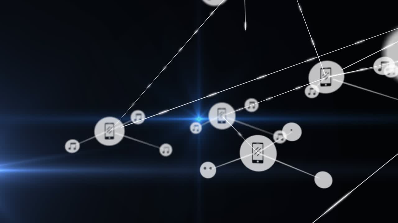 Animation of network of connections with icons over light trails