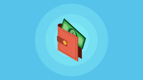 billetera con billetes de dólares animación