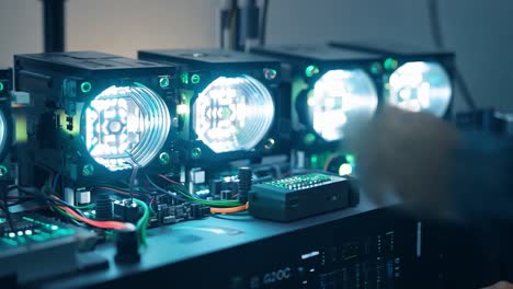 close-up of a row of studio lighting fixtures