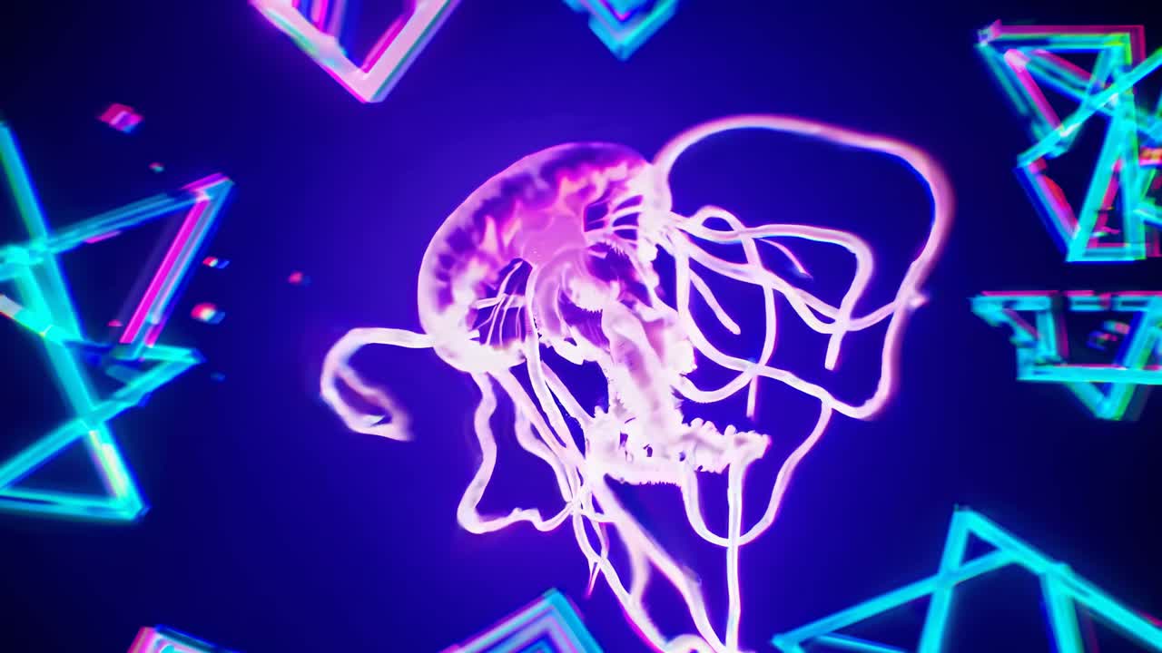 Neon Jellyfish in a Geometric Design