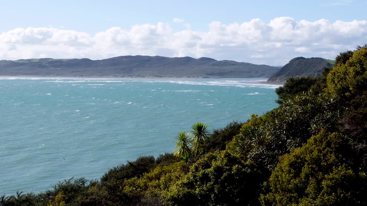 lapso de tiempo de la hermosa bahía remota salvaje de la isla norte con olas blancas, arbustos moviéndose con viento fuerte y largas nubes blancas en nueva zelanda