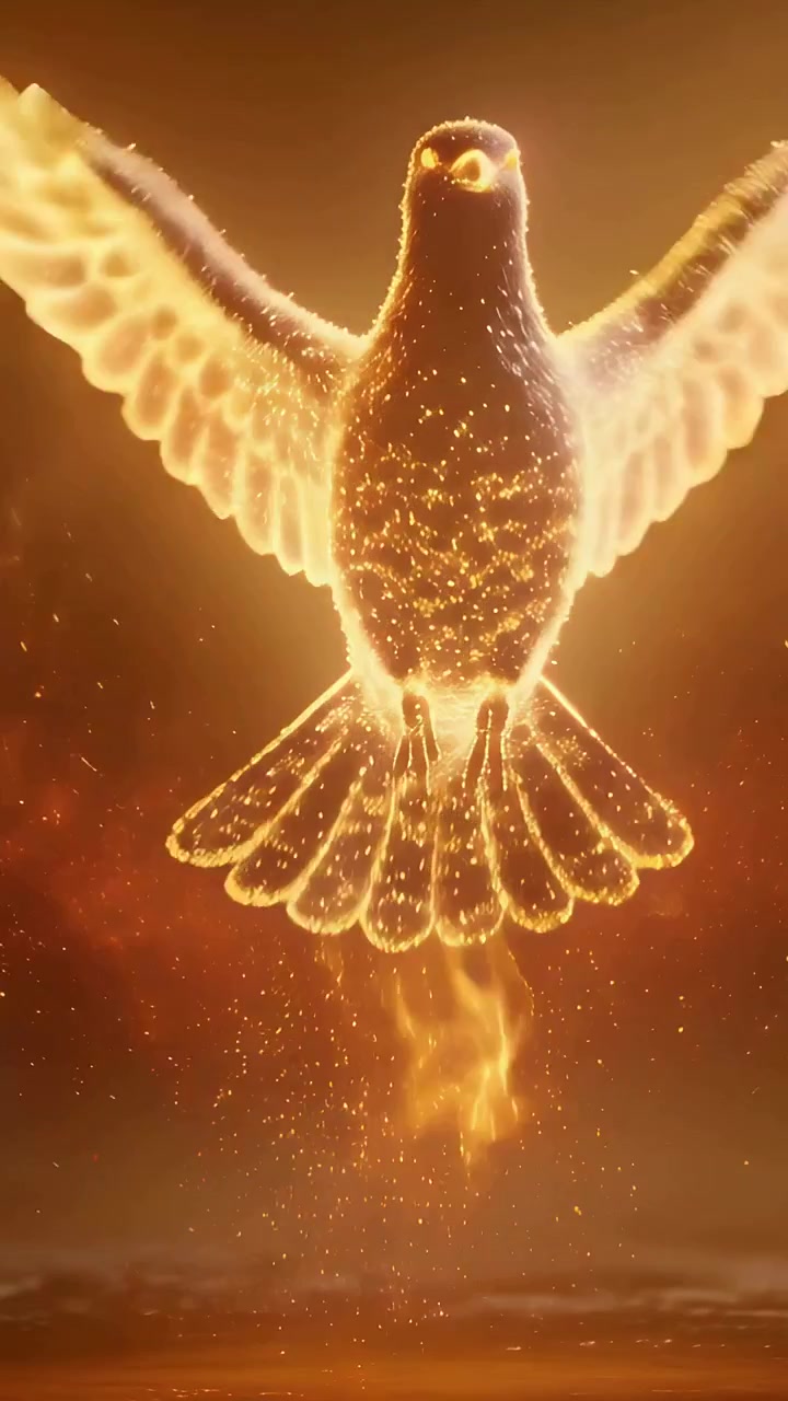 Video verticale: Uccello infuocato che si alza rispondendo a una colonna di fiamme, librandosi sopra una superficie riflettente.