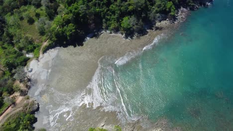 A-lush-coastline,-adorned-with-vibrant-green-foliage,-Marvel-the-contrasting-hues-as-the-lush-vegetation-meets-the-sparkling-turquoise-waters-of-the-ocean