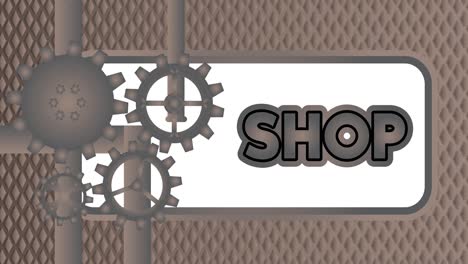 rotating gears, business mechanism concept with shop text.