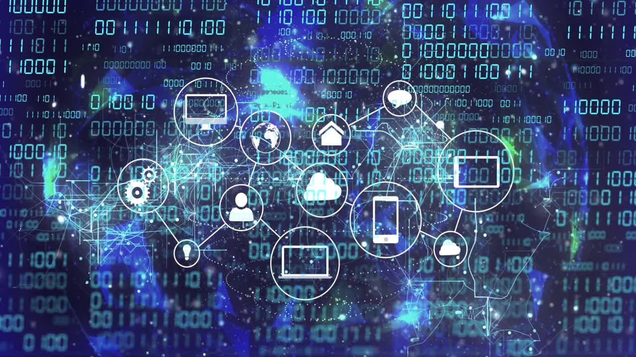 Cloud icon appearing center starting icons emerging, devices sliding, lines drawing, showing flow