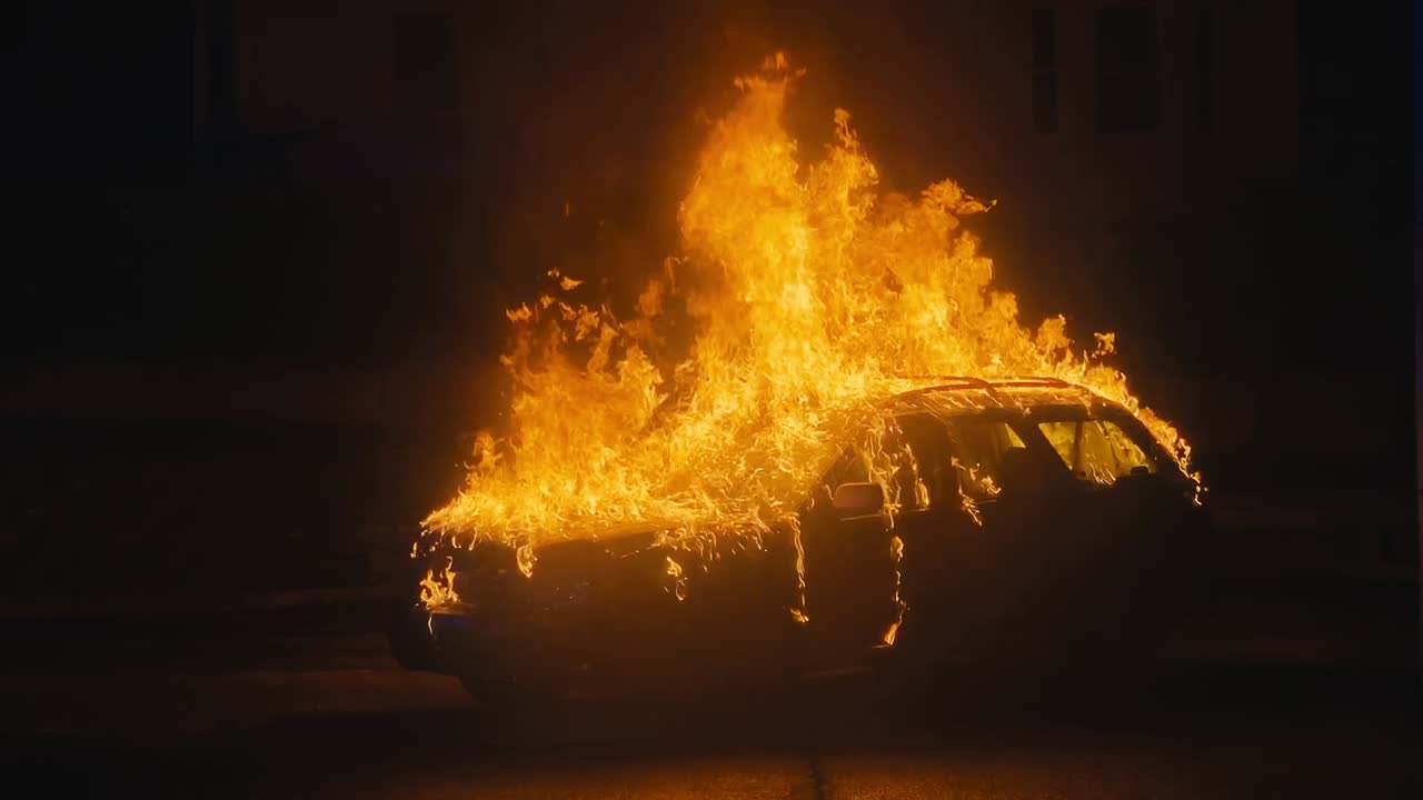 Car engulfed in flames at night with house and blue lights in background burns with large flames