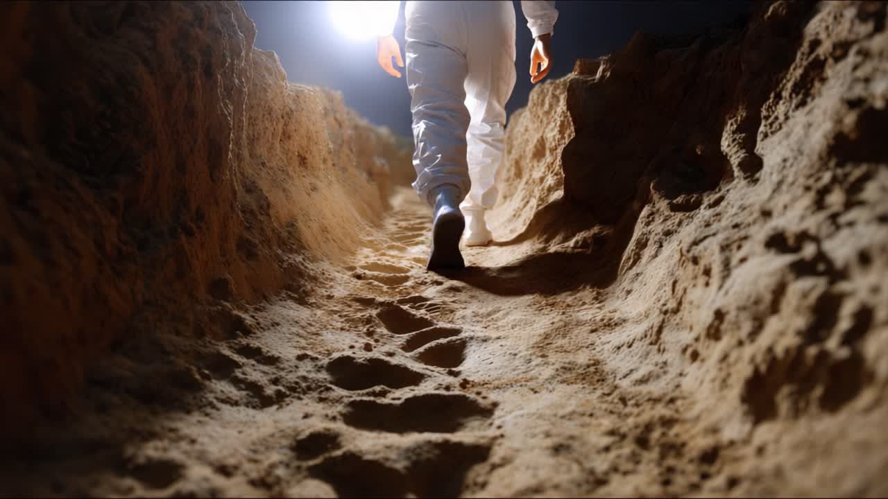 Explorando o Desconhecido: Uma Figura de Terno Branco Caminha por um Caminho Arenoso Misterioso Sob Luz Fraca, Deixando Pegadas Distintas no Chão