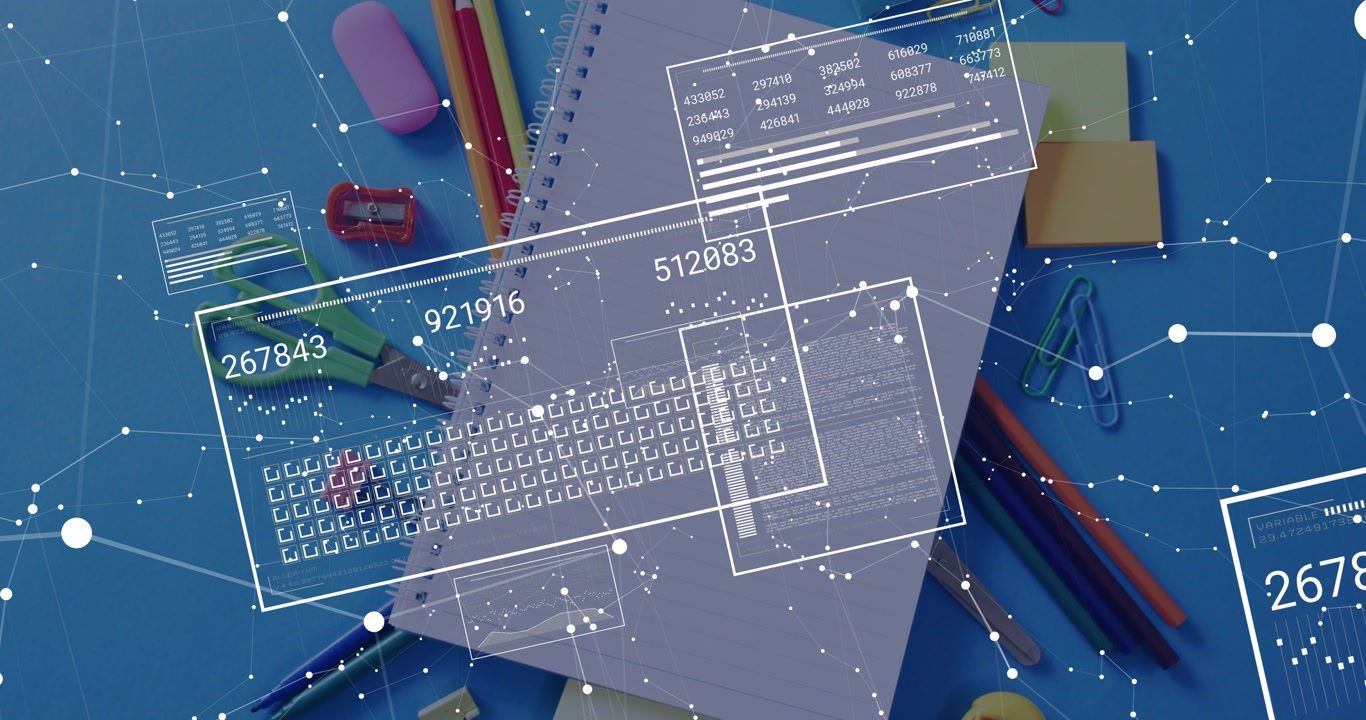 HUD fading in over notebook, shifting, rotating, updating keyboard schematic and showing data flow