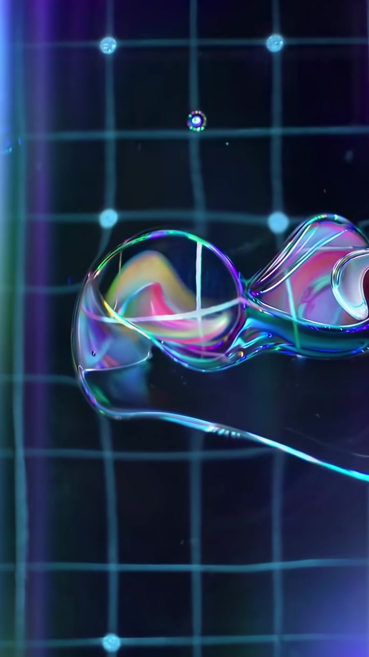 Iridescent Neon Liquid Bubbles Merging on a Digital Grid