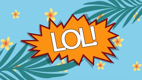 digital animation of lol text on retro speech bubble against floral designs on blue background