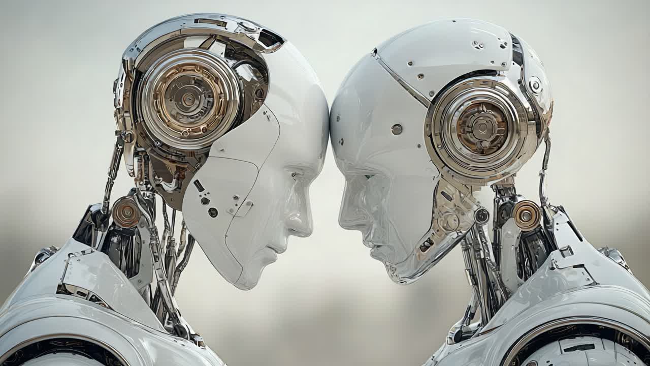 A Fascinating Encounter Between Two Futuristic Robots, Showcasing Their Intricate Design and Thoughtful Expressions, Embodying the Connection of Artificial Intelligence and Humanity
