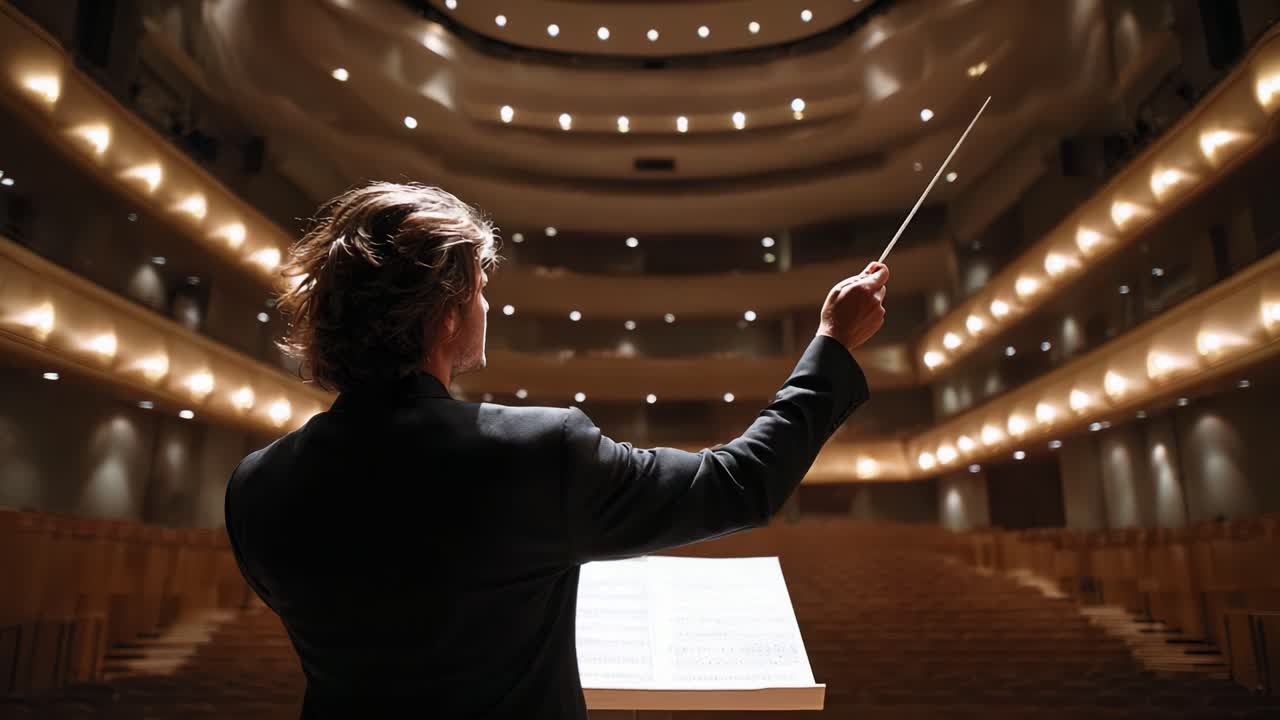 Un direttore d'orchestra dirige una sinfonia in una sala da concerto vuota, enfatizzando la connessione artistica tra musica e pubblico in preparazione di un'esibizione