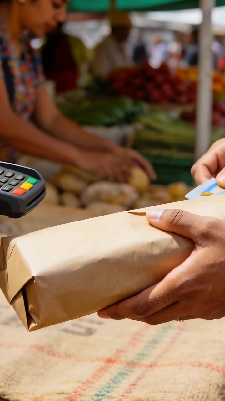 Video verticale: Cliente che tocca il lettore con la carta chip alla bancarella, il venditore riceve il pagamento e prende il pacco
