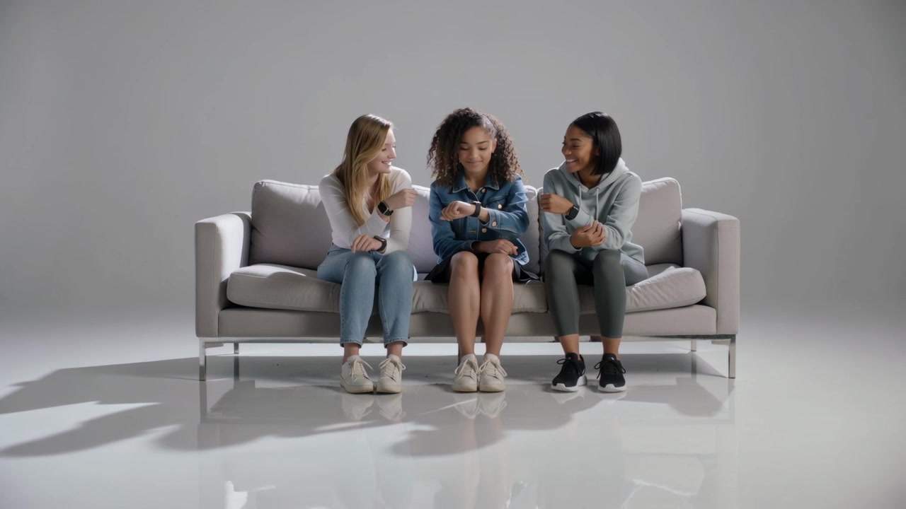 Checking wrist device, center teen leaning in while friends pointing and comparing on gray sofa