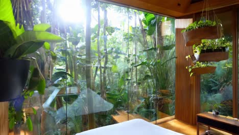 tropical forest bedroom with large windows