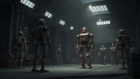 a group of robots in a dimly lit warehouse: engaged in a mysterious gathering, showcasing their mechanical design and unique visual features in a sci-fi setting