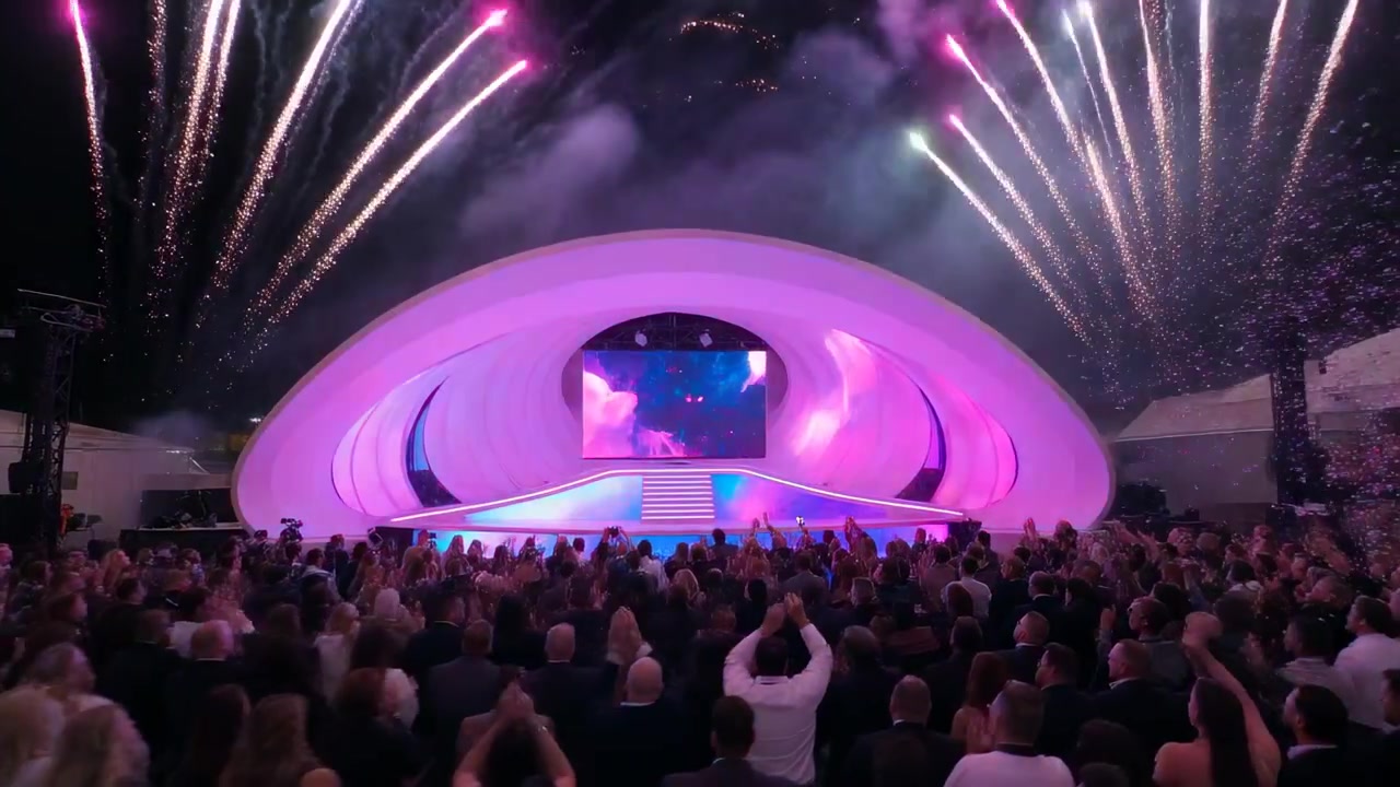 Vengono sparati fuochi d'artificio finali mentre una folla in abiti eleganti applaude davanti a uno schermo LED su un palco a conchiglia all'aperto.