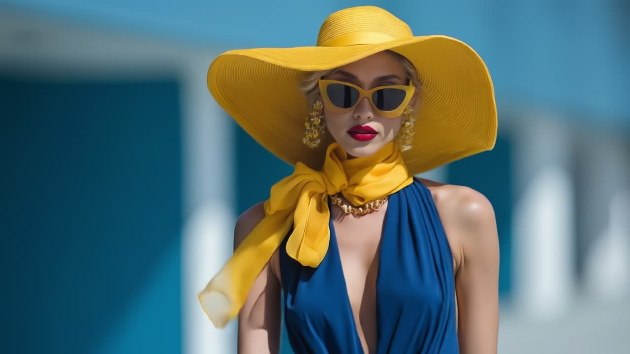 Donna elegante che indossa un costume da bagno blu e un grande cappello da sole giallo in spiaggia.