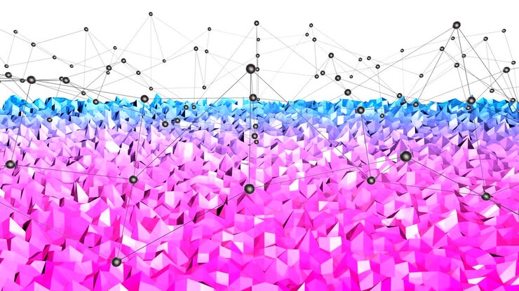 Abstract low poly style looped background. 3d seamless animation in 4k. Modern gradient colors. Low poly blue red surface with black grid v1