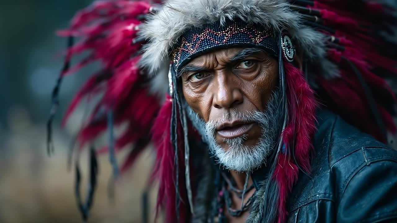 A man wearing a red and black headdress with feathers on his head