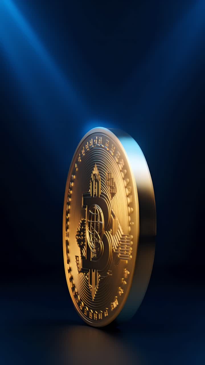 Animazione rotante di Bitcoin dorato su sfondo scuro, criptovaluta cinematografica 4K.