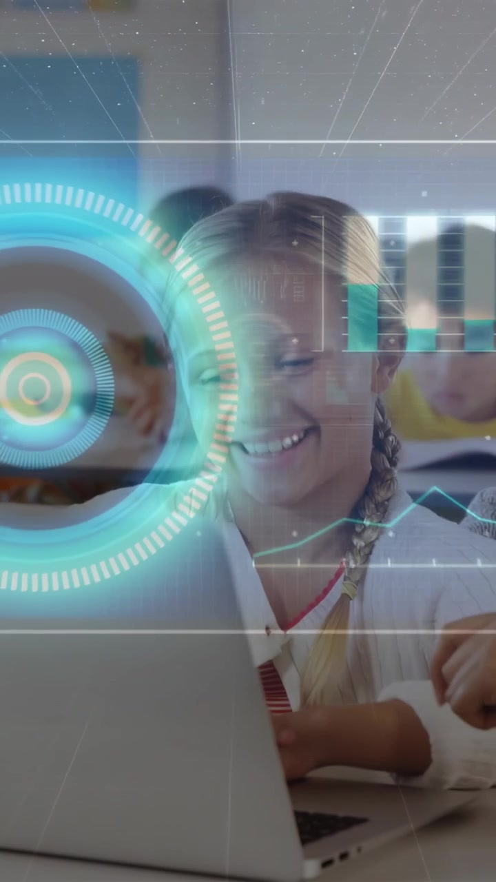 Vertical video: Girl tapping laptop, starting HUD rotating over face, showing charts for class