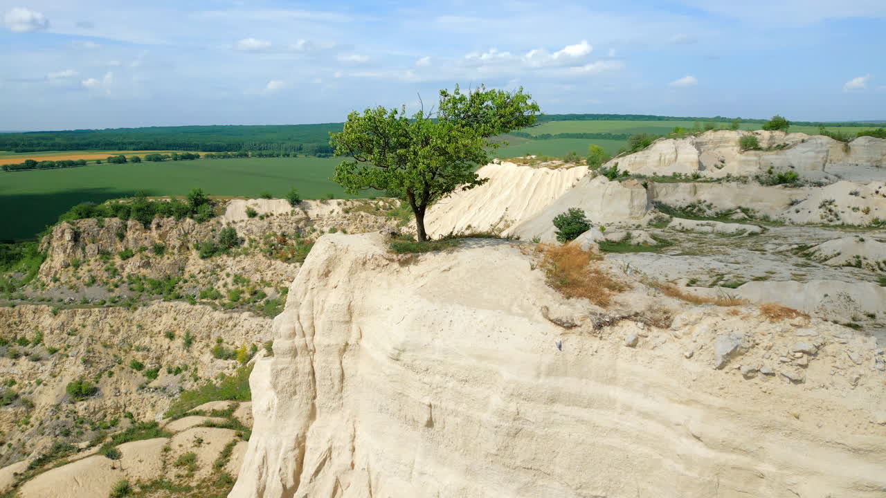 Aerial drone view of the Little Switzerland of Moldova located in Fetesti. Former limestone quarry with unusual landforms. lonely tree on top of a rock
