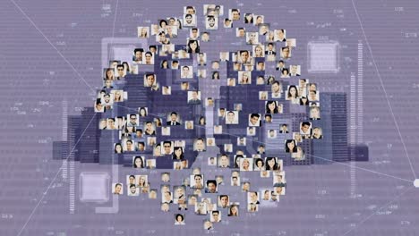 animation of network of connections with pictures of people over data processing