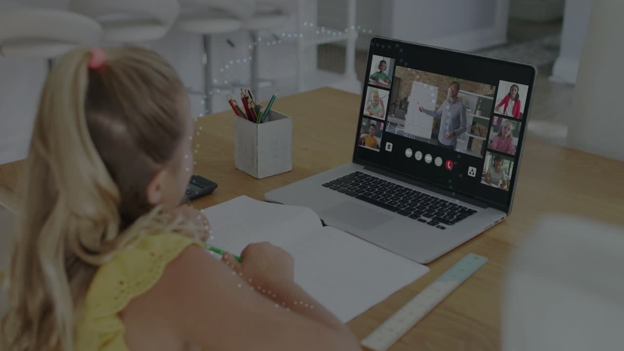 Girl writing and attending remote education, causing digital security HUD covering laptop screen