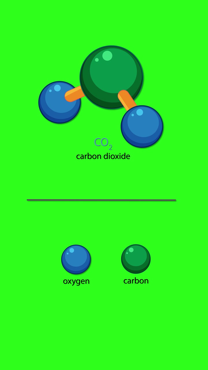 Animated carbon dioxide molecule forms, labeled with element names, on bright green background, vertical orientation