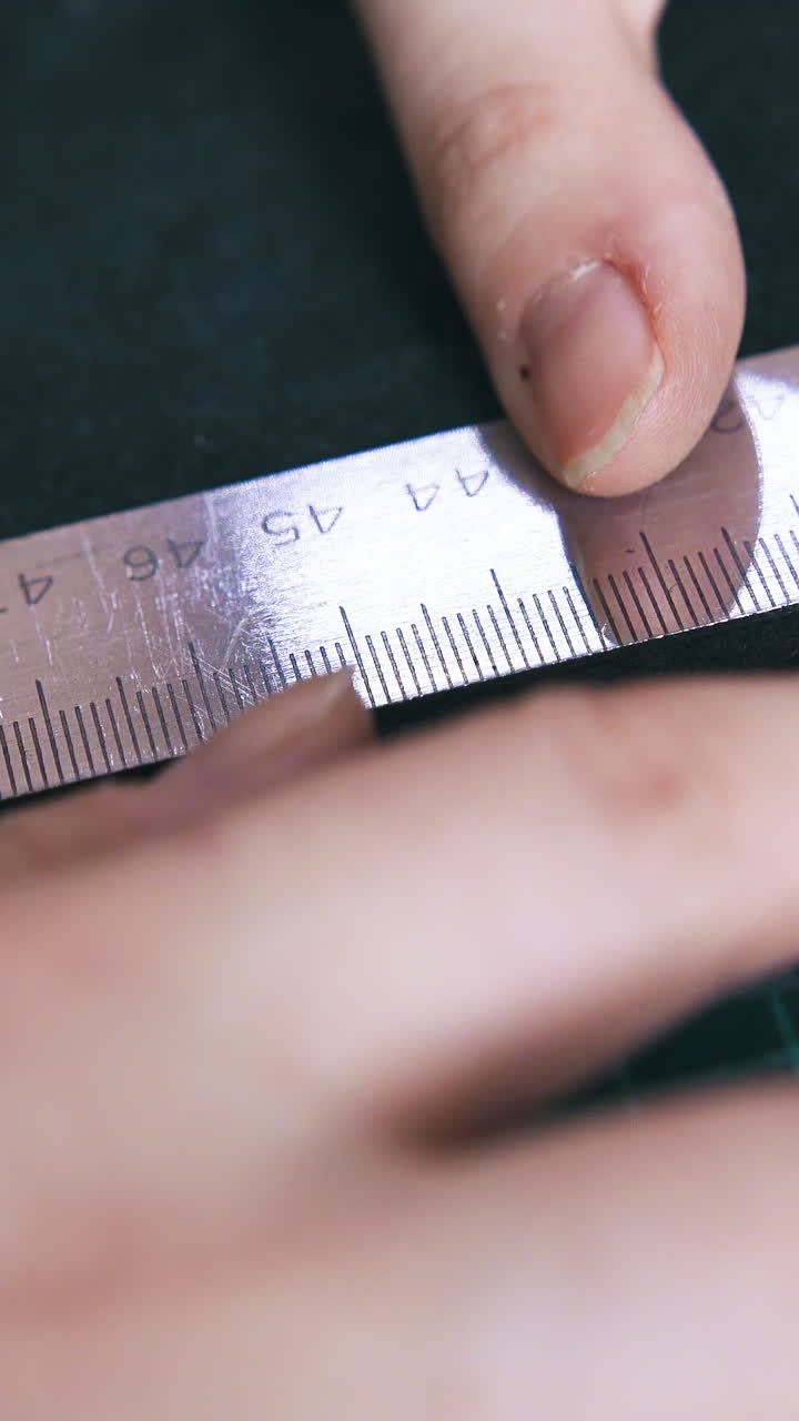CU: Professional tailor checks measures of leather fabric with special rulers on cushion board extreme close view