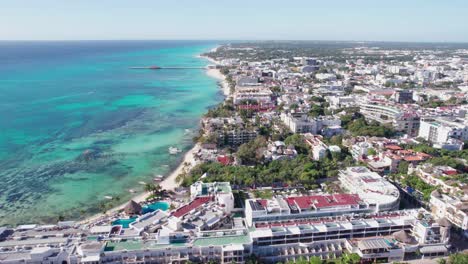 Aerial-View-of-Playa-Del-Carmen,-Mexico,-Resort-Town-on-Caribbean-Sea-Coastline,-Drone-Shot