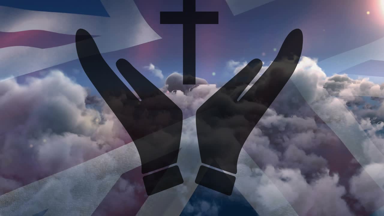 Clouds drifting, flare sparking flag pulsing; hands and cross staying centered, creating calm mood