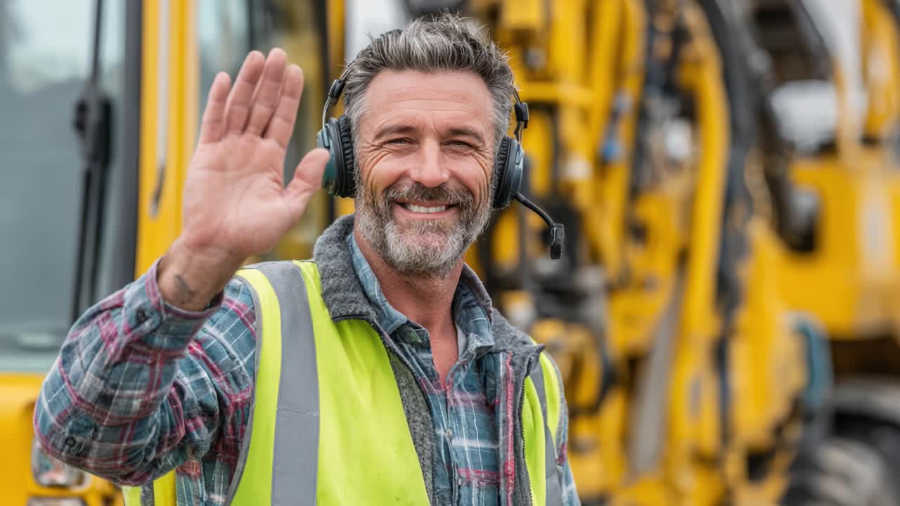 A Friendly Construction Worker Greeting with a Smile and Headset Amidst Heavy Machinery Equipment, Radiating Positivity and Professionalism on the Job Site