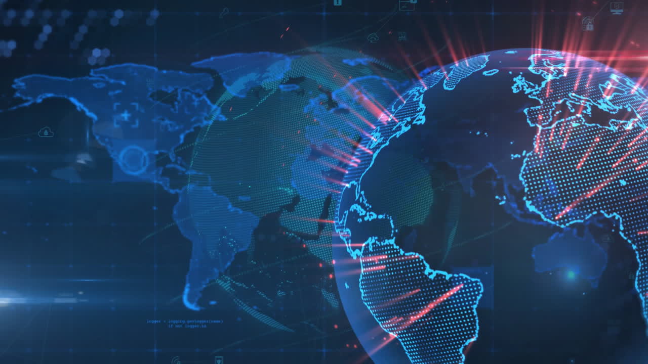 Digital world map with glowing data points and network connections animation