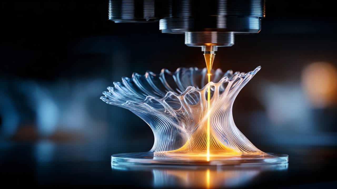 The mesmerizing process of advanced 3D printing technology, capturing the intricate moment of molten material being expertly extruded by a precision nozzle to form beautiful, complex structures in real-time
