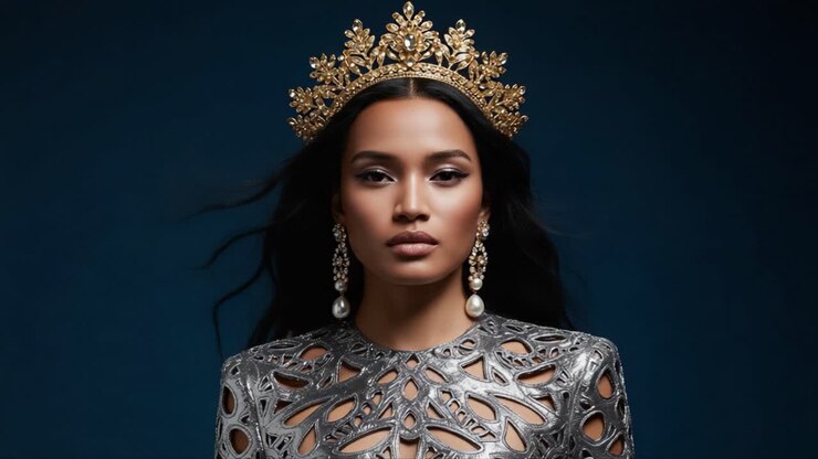 Uno splendido ritratto di moda con una modella elegante adornata con una corona decorativa e gioielli intricati, che emana grazia e sicurezza su uno sfondo scuro