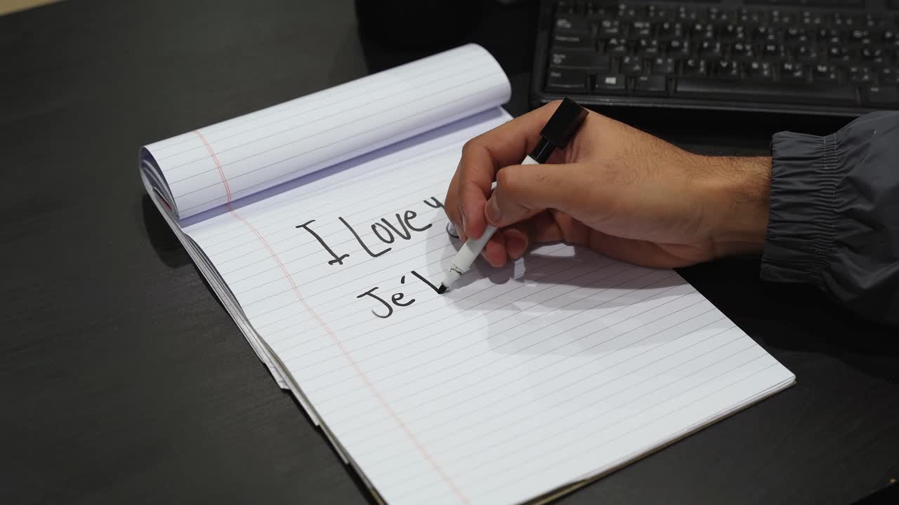 Nærbilde av en hånd som skriver «I Love You» pluss «Je t’aime», «Ich liebe dich», «Te amo» på linjert papir i en notatbok på et mørkt kontorpult med tastatur, flerspråklig romantikkonsept med kopieringsplass