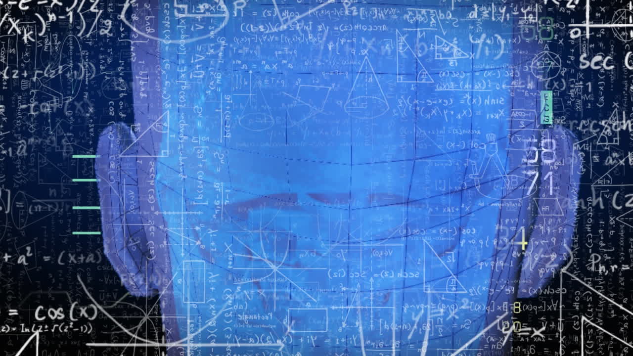 인간 머리가 회전하는 3d 모델 위에 떠있는 수학 방정식의 애니메이션