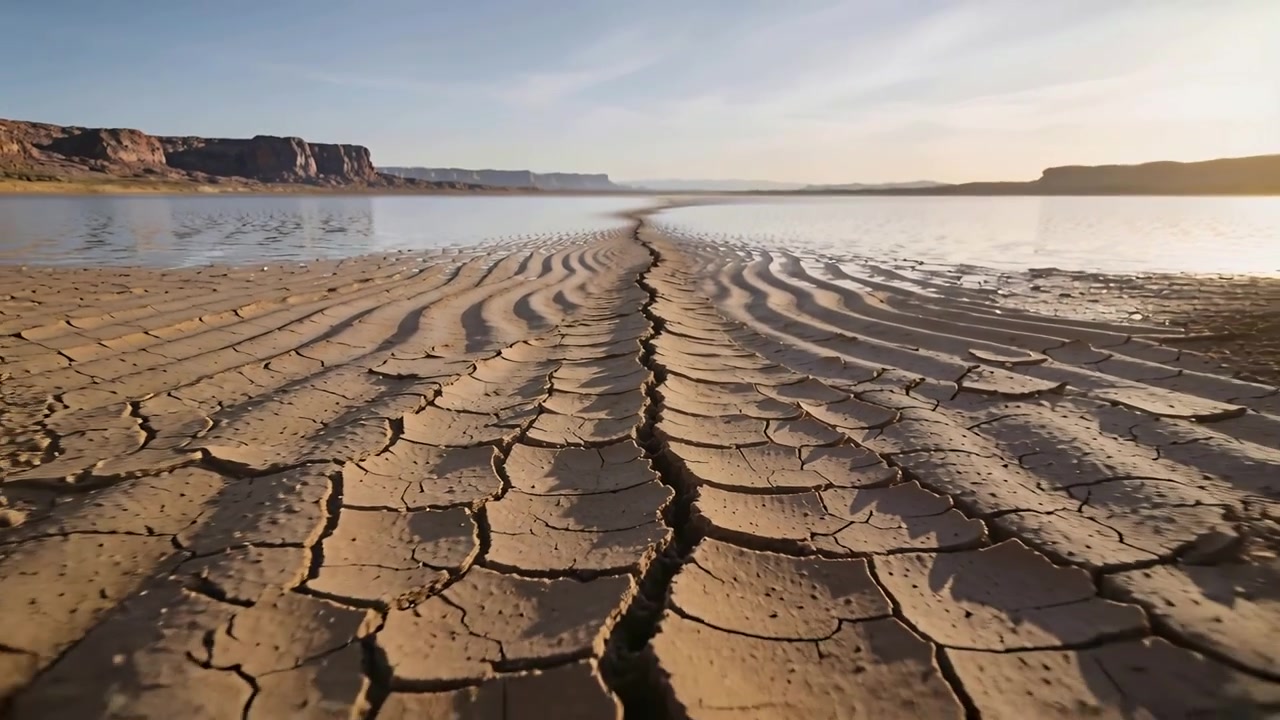 Pulling back low-angle camera showing dry mud with central fissure leading toward lake, with cliffs