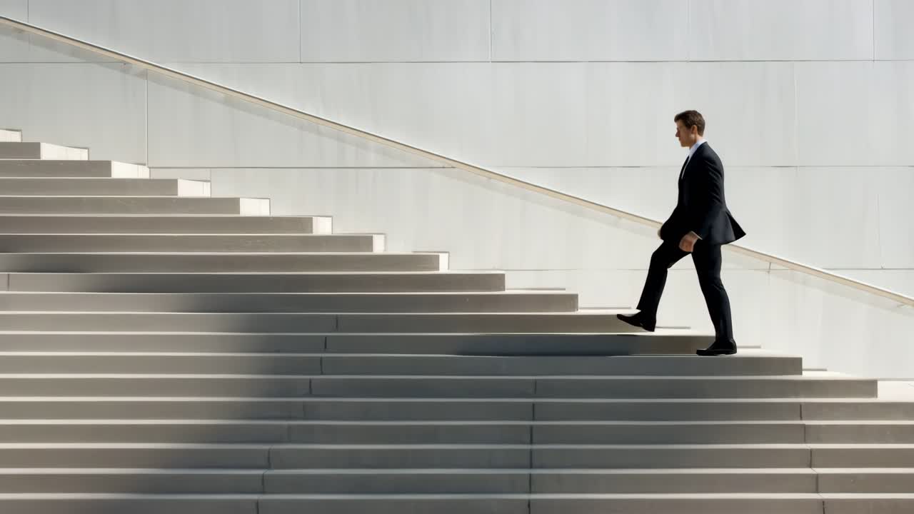 A man in a suit ascends a wide staircase, captured from a side angle