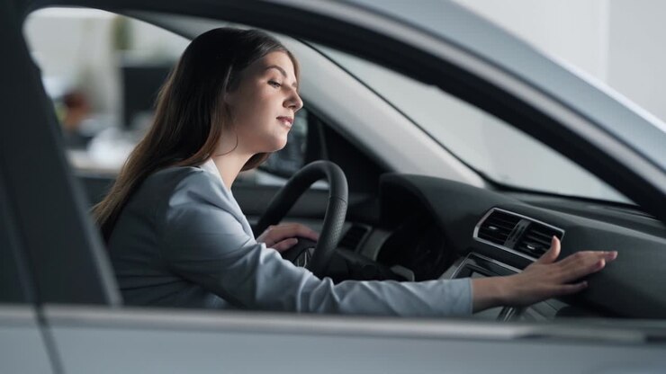 donna elegante in abito seduto al volante accarezza il cruscotto dell'auto e sorride