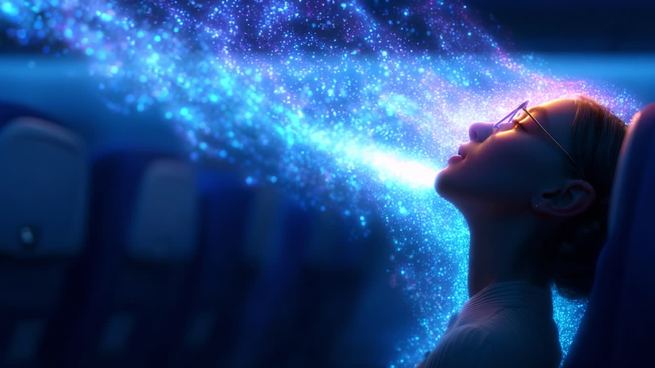 A Dreamy State of Mind: A Woman with Glasses Seated on a Plane, Lost in a Vivid Display of Colorful Sparkles and Galaxies, Representing Imagination and Cosmic Exploration